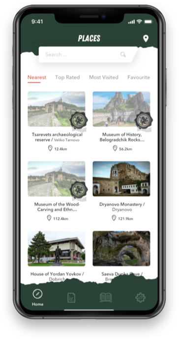 100 Places Bulgaria app on a phone, showing nearby landmarks